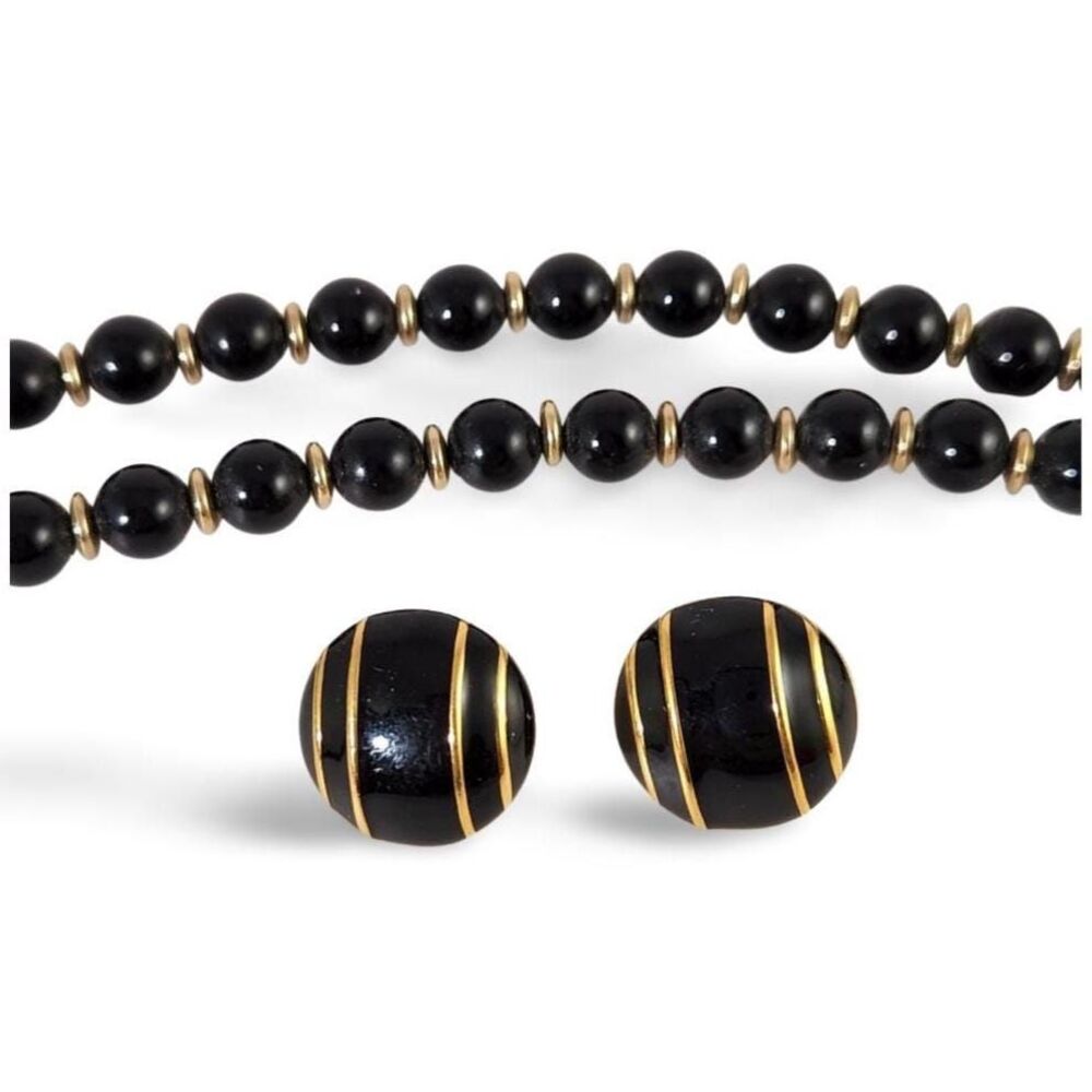 VTG 26" Necklace + Monet Post Earrings Gold & Black Stripe Button Pierced Ears